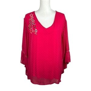 Curations Boho Hot Pink Swiss Dot Floral Embroidered V-Neck Top Size Large